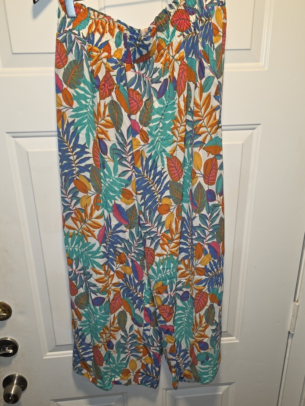 Rose & Olive Tropical Leaf Wide Leg Capris in Teal, Orange & Blue